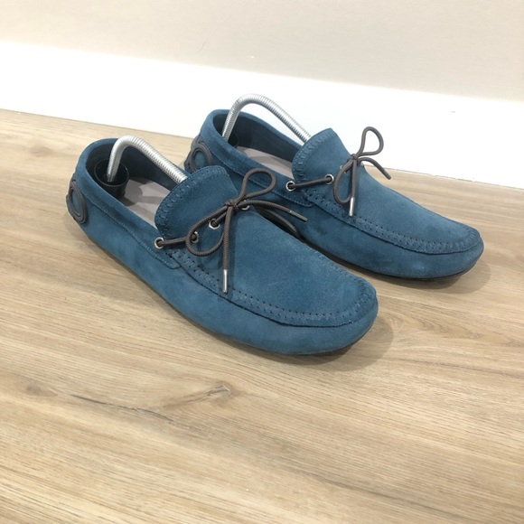 Salvatore Ferragamo Atlante Blue Suede Men Drivers Loafers Logo Back 10 EE - Picture 2 of 6